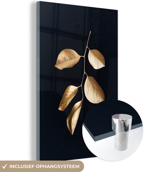 MuchoWow® Glass Painting 40x60 cm - Acrylic Glass Painting - Leaves - Black and Gold - Luxury - Photo on Glass - Paintings