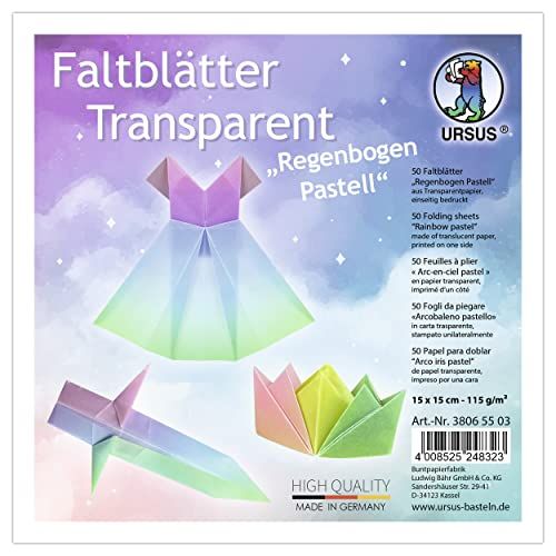 Ursus 38065503 - vouwbladen transparant "regenboog pastel" 115 g/m², 50 vouwbladen 15 x 15 cm, aan één kant bedrukt