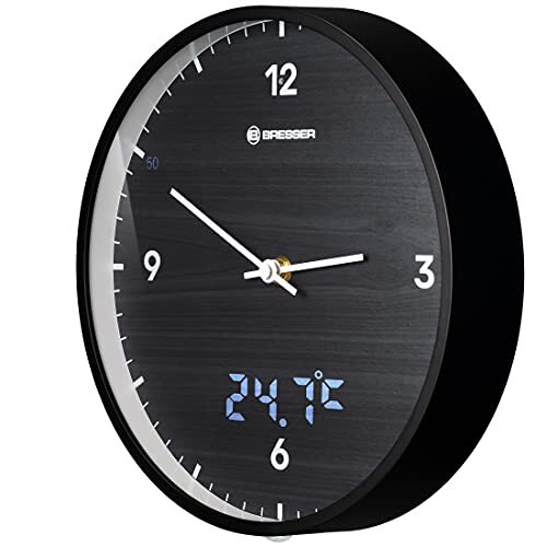 Bresser MyTime LEDsec Radiogestuurde klok, wandklok met 24 cm grote wijzerplaat, led-secondenweergave, binnentemperatuur en geruisloos radioklok, zwart