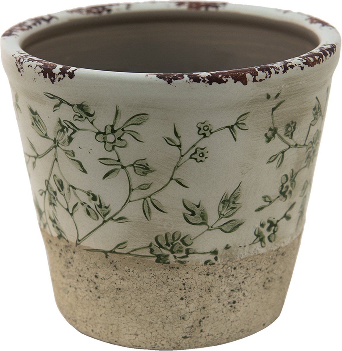 Clayre & Eef Bloempot Ø 12x10 cm Groen Wit Keramiek Rond Bladeren