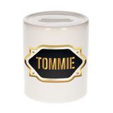 Bellatio Decorations Tommie Spaarpot - wit - met goud/zwart embleem - 8 x 9 cm - keramiek - met afsluitdop - cadeau verjaardag