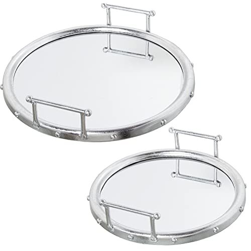 DRW Set van 2 ronde trays van metaal en spiegel, zilverkleurig, 47 x 9 cm en 40 x 9 cm, INT.41 en 33 cm