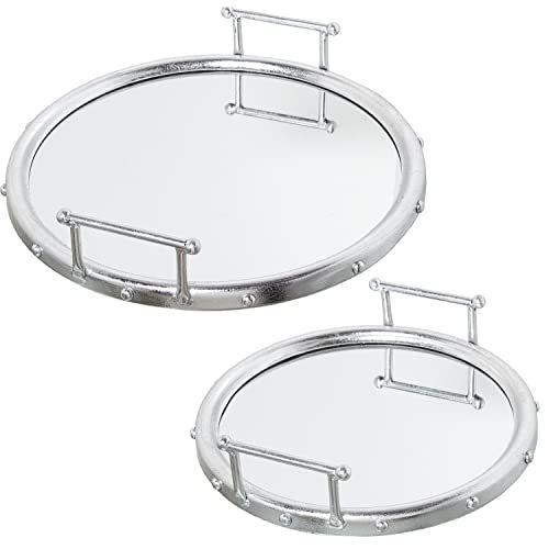 DRW Set van 2 ronde trays - metaal en spiegel - zilverkleurig