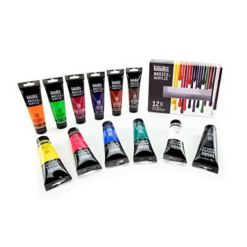 Liquitex 3699391 Basics Acrylverf, monopigmenteerde kunstenaarspigmenten, lichtecht, gemiddelde viscositeit, archiefkwaliteit, zijdeglanzende afwerking, 12 kleuren set van 118 ml