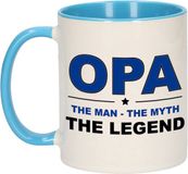 Bellatio Decorations Opa cadeau mok - man myth legend - koffiemok / beker - wit en blauw - 300 ml - verjaardag