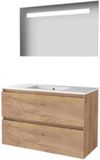 Basic Line Economic 46 Badkamermeubelset - 100 x 46 cm - Greeploos - 2 Lades - Keramische Wastafel - 1 Kraangat - Spiegel met LED Verlichting - Whisky Oak