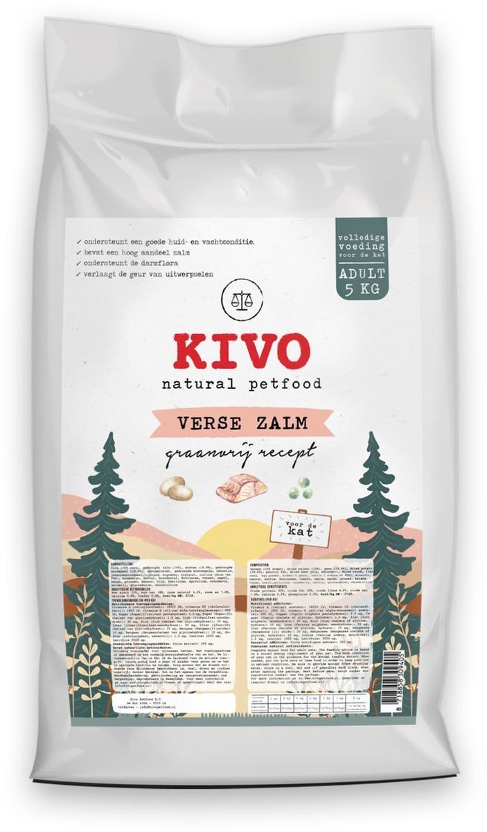 Kivo Petfood Kat- graanvrije kattenbrokken - Verse Zalm - 5 kg - met vis, groenten, fruit & kruiden!