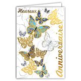 Wenskaart Afie Wenskaart voor verjaardag, blauwe vlinders, zwart en goudkleurig, voor feestjes, glanzend, chic, modieus, decoratie