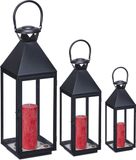 Relaxdays lantaarn set van 3, decoratieve kaarslantaarns, binnen en buiten, 3 groottes, glas & metaal, modern, zwart