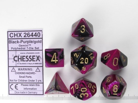 Chessex dobbelstenen set 7 polydice Gemini black-purple w/gold