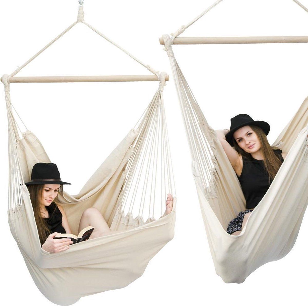 AMANKA XXL 2 Persoons Hangstoel 185x130 - Zit Hangmat met Spreidstok tot 150 kg - Binnen en Buiten - Beige