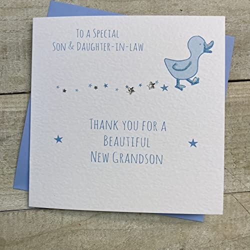 White Cotton Cards Zoon & DOCHTER IN RECHT - BEDANKT VOOR GRANDSON LITTLE DUCK NIEUWE BABYKAART MET DE HANDGEMAAKT (S258)