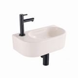 QeramiQ Fuente Fontein - 40x22x12cm - lisse - demi-rond - robinet gauche - céramique - robinet noir mat - siphon encastré - bouchon de vidange - lin