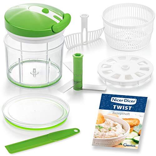 Genius Nicer Dicer Twist A29187 Universele hakmolenset, 9-delig, groensnijder, handmatig met kabel, slacentrifuge & zeef, uiensnijder om te versnipperen + pureren 1000 ml