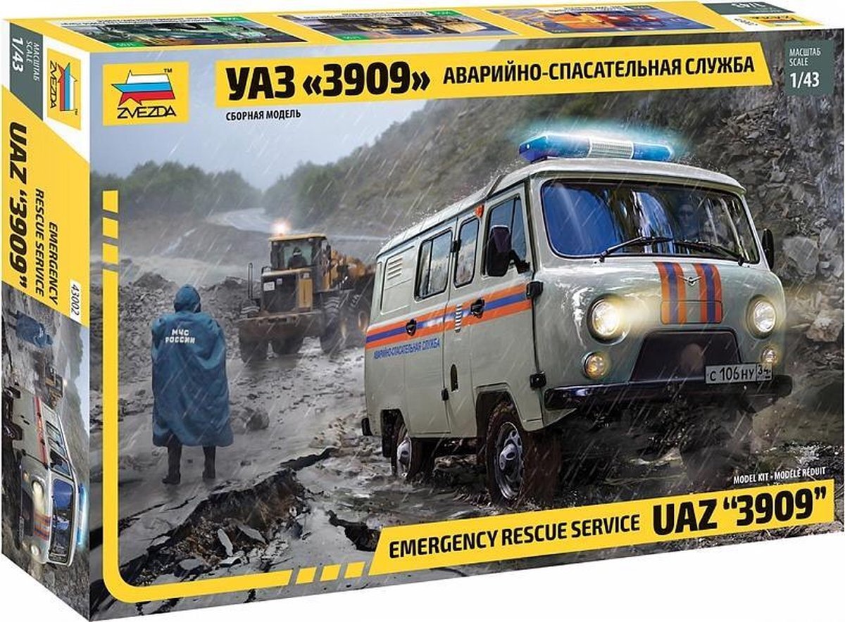 Zvezda 43002 500043002-1:43 UAZ 3909 Emergency Service-plastic bouwset modelbouwset bouwpakket voor beginners-gedetailleerd, ongelakt