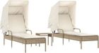 vidaXL Lits de jardin 2 pièces avec auvents et table poly rotin beige