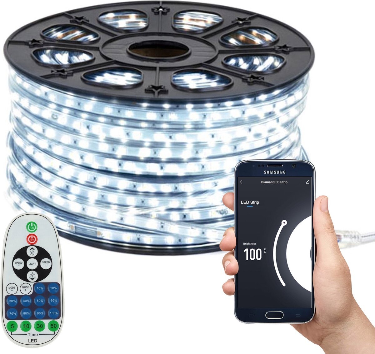 DiamantLED LED Strip Wit - 25 meter in een ROL - 220V - 5050 SMD - 60L/M - IP65 - Met Wifi App + IR 23 knops afstandsbediening