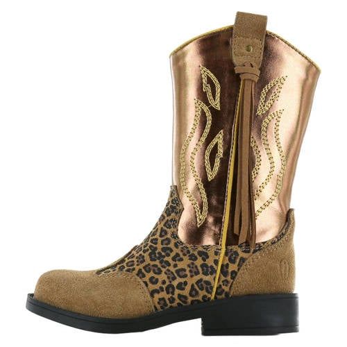 Shoesme western suède laarzen met panterprint - cognac