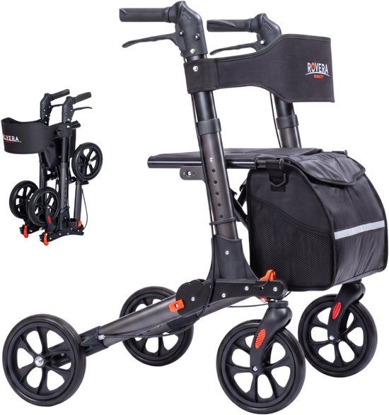 Rovera Mobility Rovera® Rollator (3x) Dubbel Opvouwbaar – Lichtgewicht & 3x Opvouwbaar – Met Luxe Rollatortas, Brede Rugsteun & Comfortabele Zitting – Geschikt voor Binnen & Buiten – Antraciet