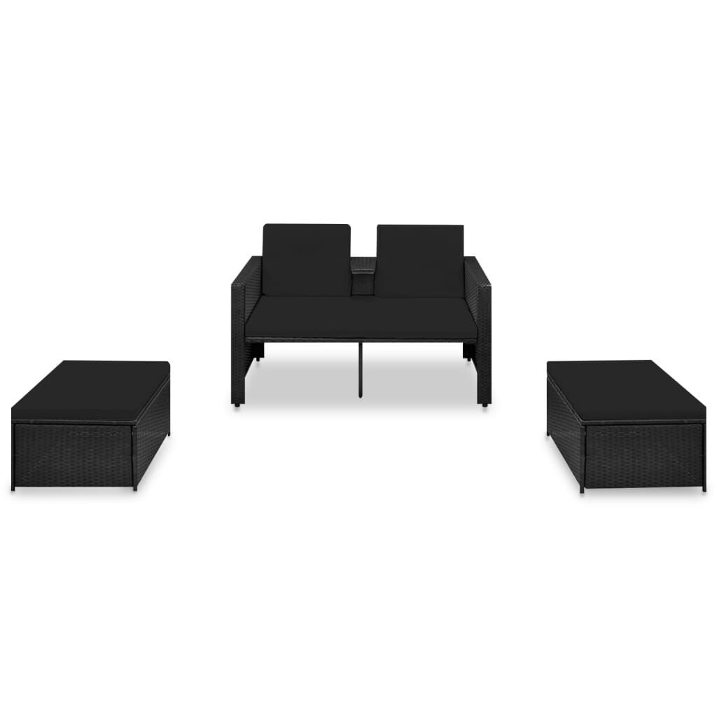 vidaXL 3-delige loungeset met kussens poly rattan zwart