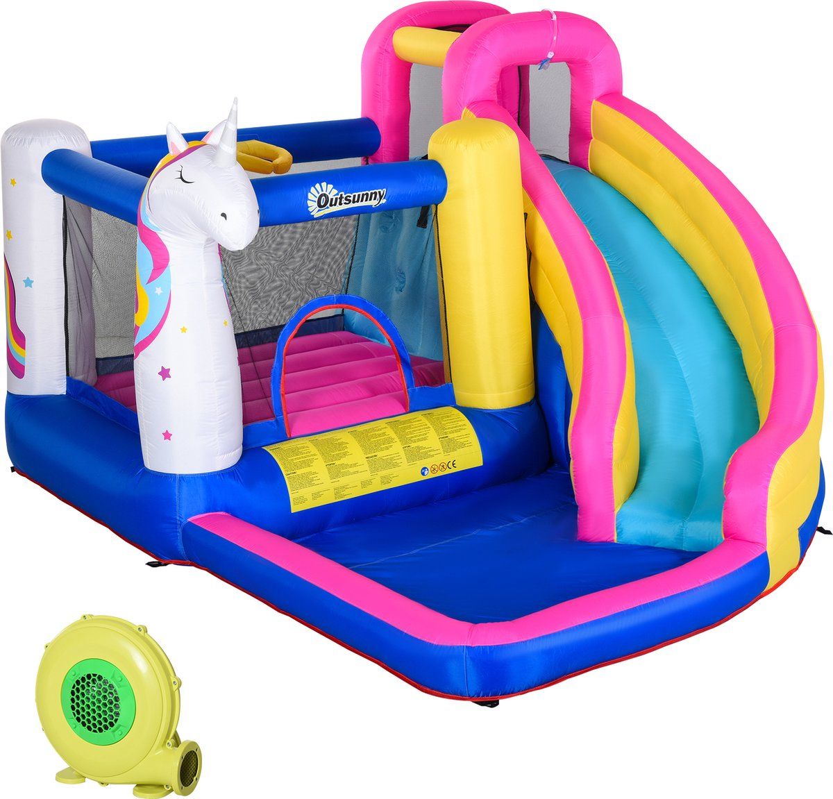 Outsunny Opblaasbaar springkasteel met glijbaan speelkasteel springkasteel met blazer voor 4 kinderen 342-027V90