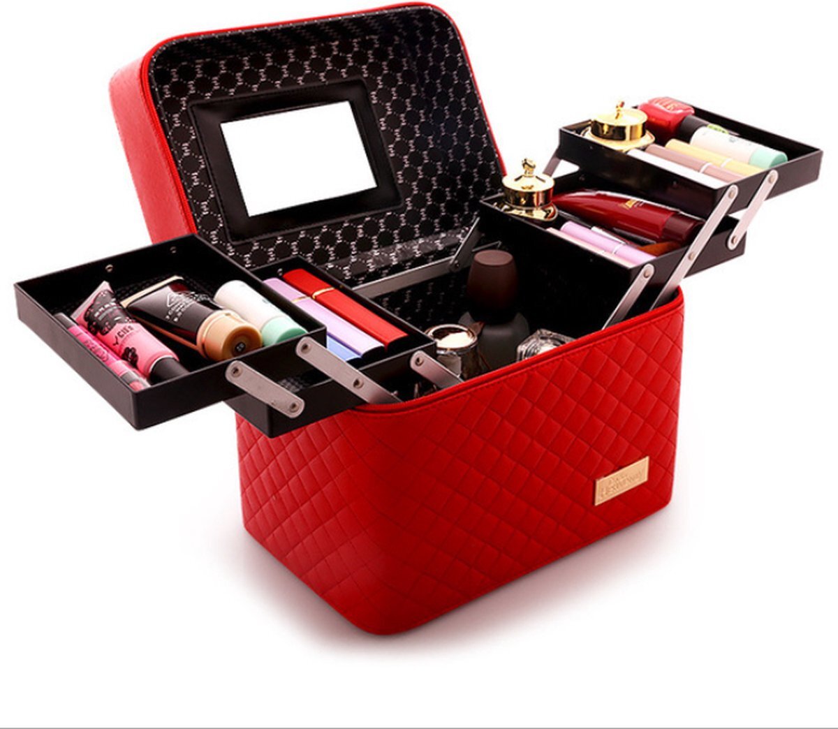 K:A Make Up Koffer | Uitklapbaar | 5 Opbergbakken | Reis Travel Case | met Spiegel | Rood