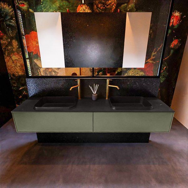 Mondiaz ERIN 200cm badmeubelset onderkast Army met 2 lades + Wastafel RIDGE dubbel 2 kraangaten Urban