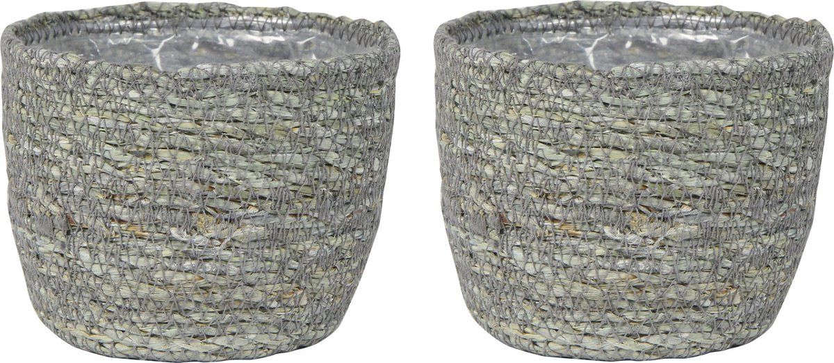 Steege Set van 3x jute/zeegras plantenpotten - Ø13cm - IJsblauw/grijs