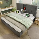 MODFU Bedframe 160x200 cm – Met opklapbare hoofdsteun, 3x USB, 1x Type-C en hydraulische opbergruimte – Grijs linnen