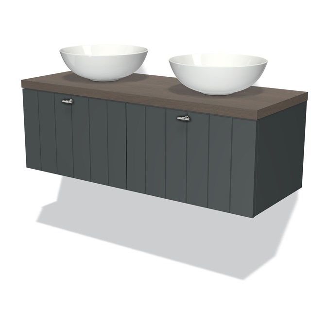 Maxaro Badkamermeubel Modulo Plato 120cm Donkergrijs 2 Lades Lamel Donkerbruin Eiken Blad