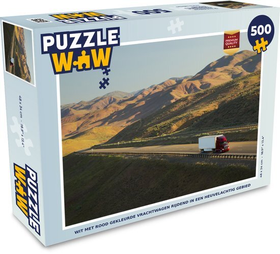 MuchoWow Puzzel Wit met rood gekleurde vrachtwagen rijdend in een heuvelachtig gebied - Legpuzzel - Puzzel 500 stukjes - Sinterklaas cadeautjes - Sinterklaas voor grote kinderen