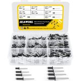 Popblinde klinknagels, 400 stuks aluminium popklinknagels assortimentskit, 8 maten klinknagels (3 mm/5 mm), zwarte klinknagels geassorteerd met versterkte verdeler en gelabelde koffer voor meubels