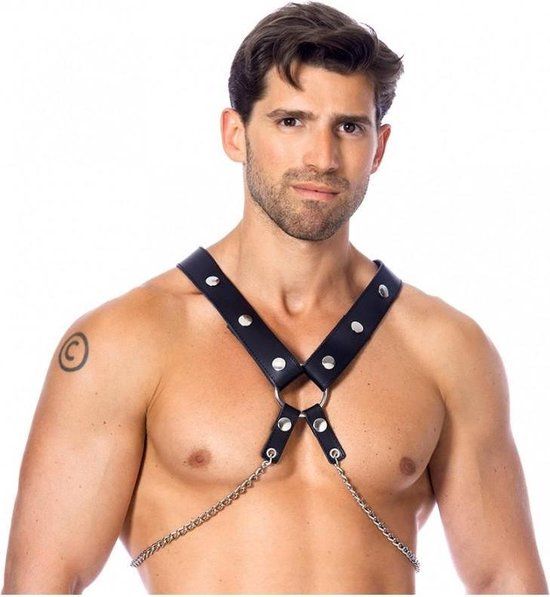 Rimba Bondage Play - Tuigje - Riemen borst Harnas Leer Heren Met Metalen Kettingen - Zwart