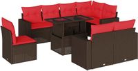 vidaXL 9-delige tuinbankset met kussens, bruin, polyrotan