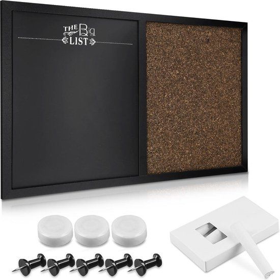 Navaris Combination Cork and Chalkboard - 40 x 60 cm Magnetic Wall Board with Cork Bulletin Board - Includes Chalk, Push Pins and Magnets - To Hang - Black