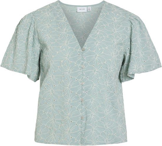 VILA Vizelka V-Neck S/S Shirt Dames Blouse Polyester Blauw Surf Maat 40