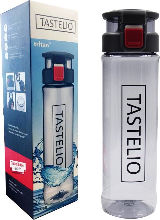 Tastelio TASTLEIO Set van 2 drinkflessen gemaakt van BPA vrij kunststof met fruit infuser / fruit filter voor dagelijks gebruik sport vrije tijd reizen, 730ml, Veilige 1-klik opening, lekvrij, vaatwasmachinebestendig grijs, rood