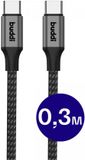 Buddi Flex - Korte USB-C naar USB-C Kabel 60W Fast Charge 20V/3A - Power Delivery - Dataoverdracht - Gevlochten Nylon - 0,3M - Zwart