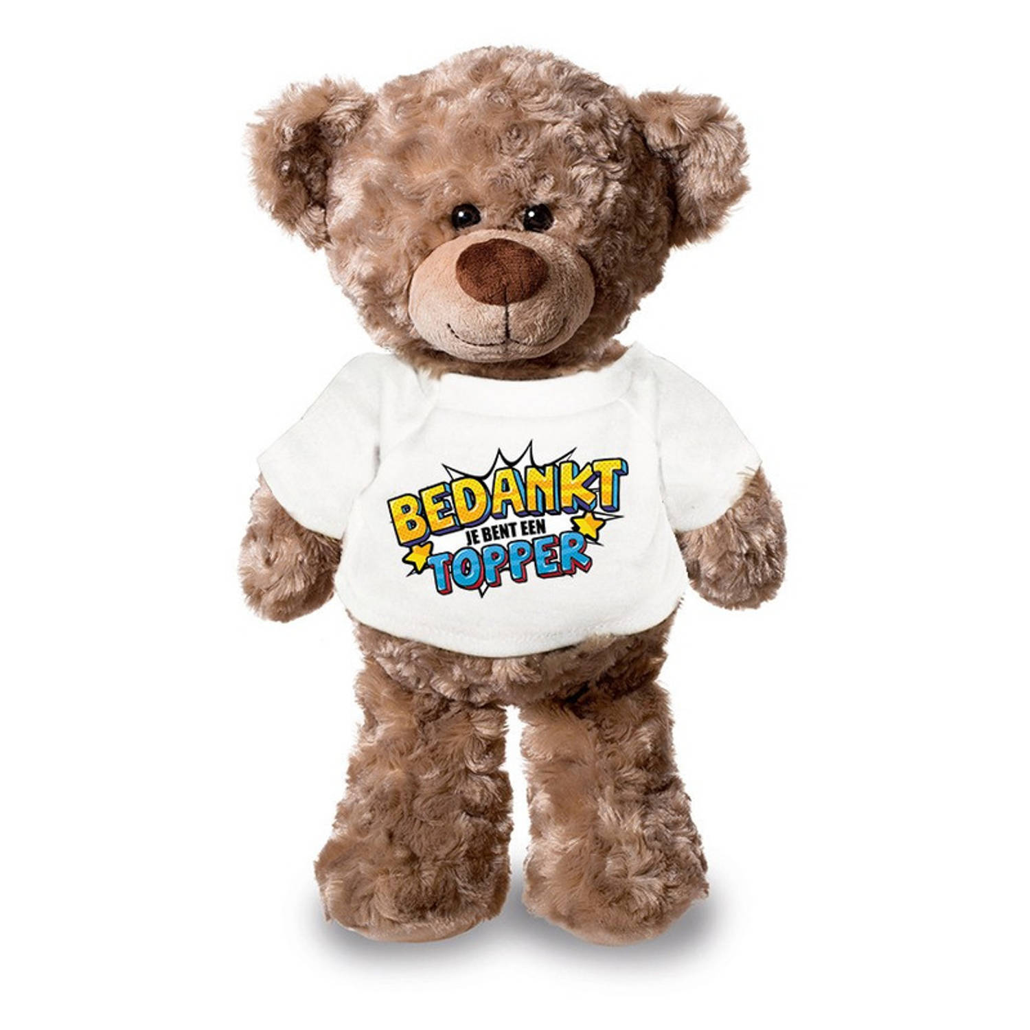 Bellatio Decorations Bedankt topper pluche teddybeer knuffel 24 cm met wit pop art t-shirt - bedankt topper / cadeau knuffelbeer