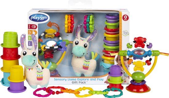 Playgro Sensoriche Ontdek Geschenkset - Kraamkado - Lama Knuffel - Kinderstoelspeeltje - Baby Speelgoed