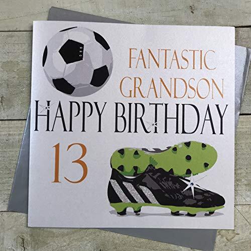 WHITE COTTON CARDS WHITE COTTON CARDS Wenskaart voor de 13e verjaardag, handgemaakt, opschrift "Fantastic Grandson Happy Birthday 13", motief: voetbal