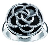 Ceranity Damesring sterling zilver 925 5,92 g bloemenmotief keramiek zirkonia zwart/wit 1-12/0072-N