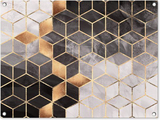 GreatGardenPosters Tuinposter - Luxe - Kubus - Vorm - Patronen - Goud - Abstract - 80x60 cm - Tuindoek - Buitenposter