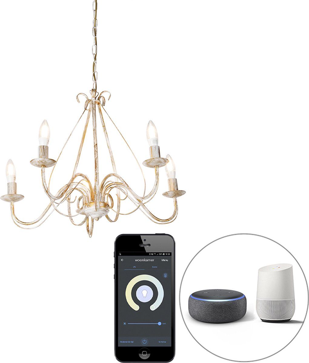 QAZQA Giuseppe - Landelijke LED Smart Italiaanse kroonluchter - 5 lichts - Ø 60 cm - Wit