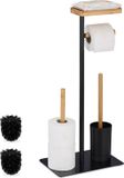 Merkloos Relaxdays Toilet Accessoires Set - WC-rolhouder, Toiletborstel, Reserverolhouder en Plankje - Bamboe en IJzer - Zwart/Natuur