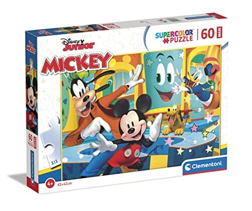 Clementoni Disney Mickey Supercolor Mickey-60 Maxi-onderdelen Made in Italy, kinderen 4 jaar, cartoon, puzzel, muis, grote kaarten, meerkleurig, medium, 26473