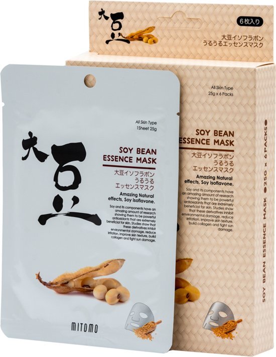 Mitomo Soy Bean Essence Sheet Mask Japanse Gezichtsmasker met Soyaboon Gezichtsverzorging Huidverzorging Skincare Beauty Mask Collageen opbouwend Waardevolle voedingstoffen voor een liftend effect 6 Stuks Voordeelpak