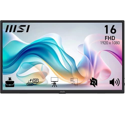 MSI PRO MP165DE E6 draagbare monitor 15,6 inch FHD, 1920 x 1080 IPS, 60 Hz, 4 ms, Eye Care, geïntegreerde luidspreker/mic, HDMI 2.0b, USB C (15WPD), Vesa-montage, zwart