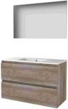 Basic-Line Basic 46 Badkamermeubelset - 100 x 46 cm - Greeploos - 2 Lades - Keramische Wastafel - 1 Kraangat - Spiegel - Scotch Oak