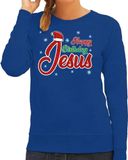 Bellatio Decorations Foute Kersttrui / sweater - Happy Birthday Jezus - blauw - voor dames - kerstkleding / kerst outfit S